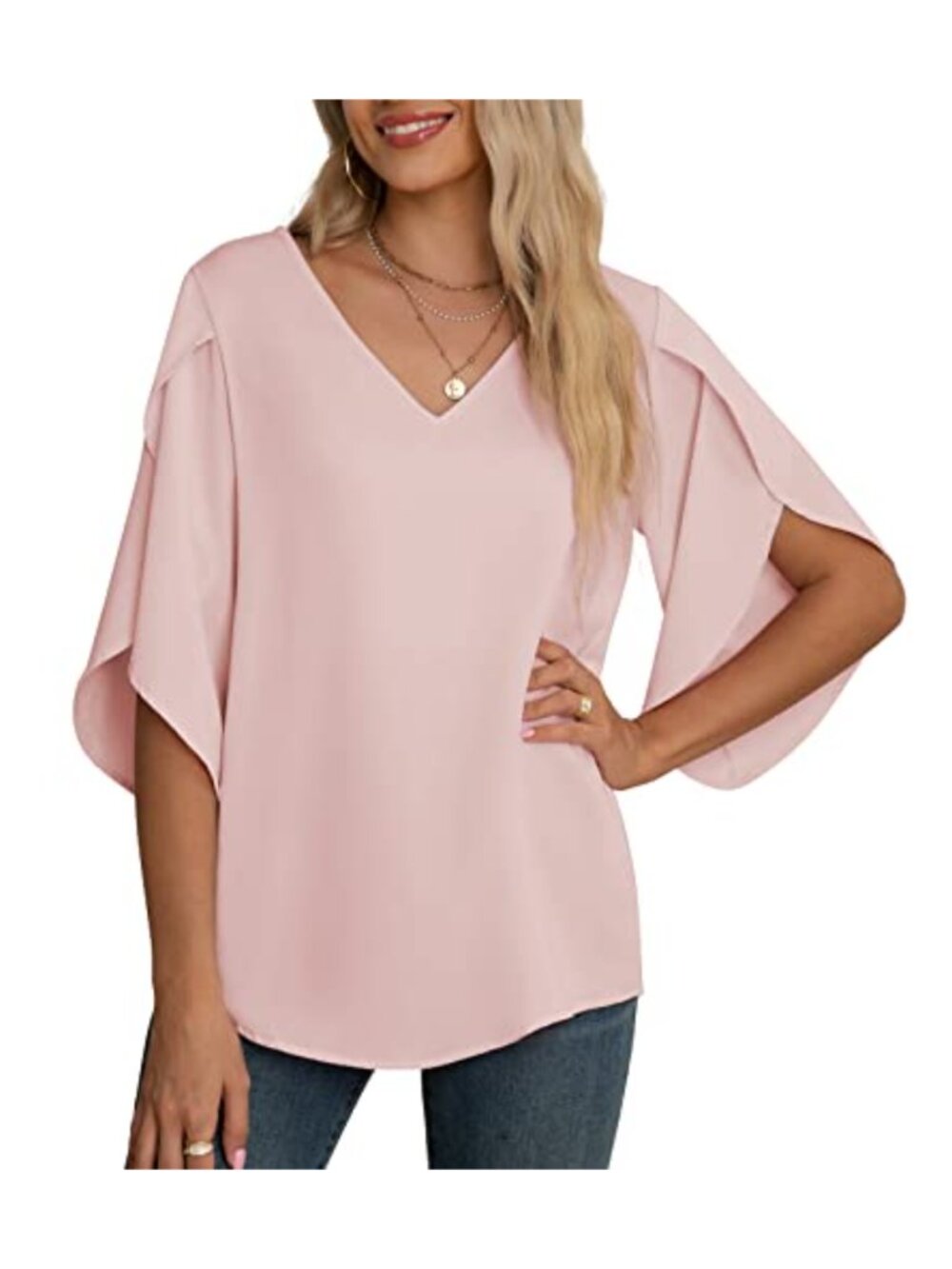 Women's Casual 3/4 Ruffled Sleeve Chiffon Blouse V-Neck Loose Fit Top